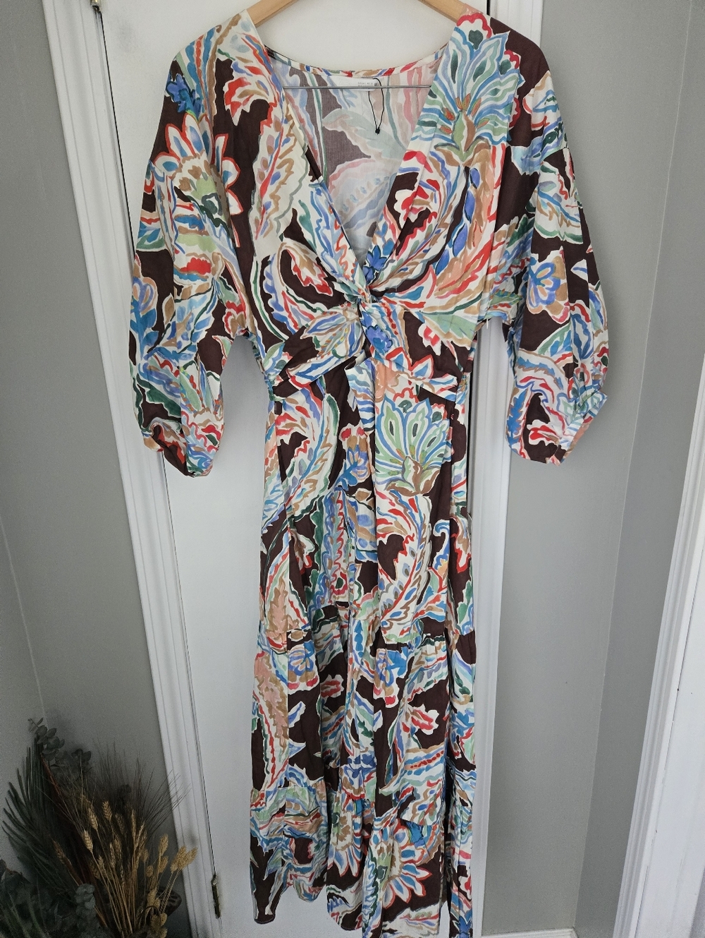 Zara Multicolor Floral Print Cut-Out Flounced Puff Sleeve Poplin Dress Size LG - Picture 8 of 14